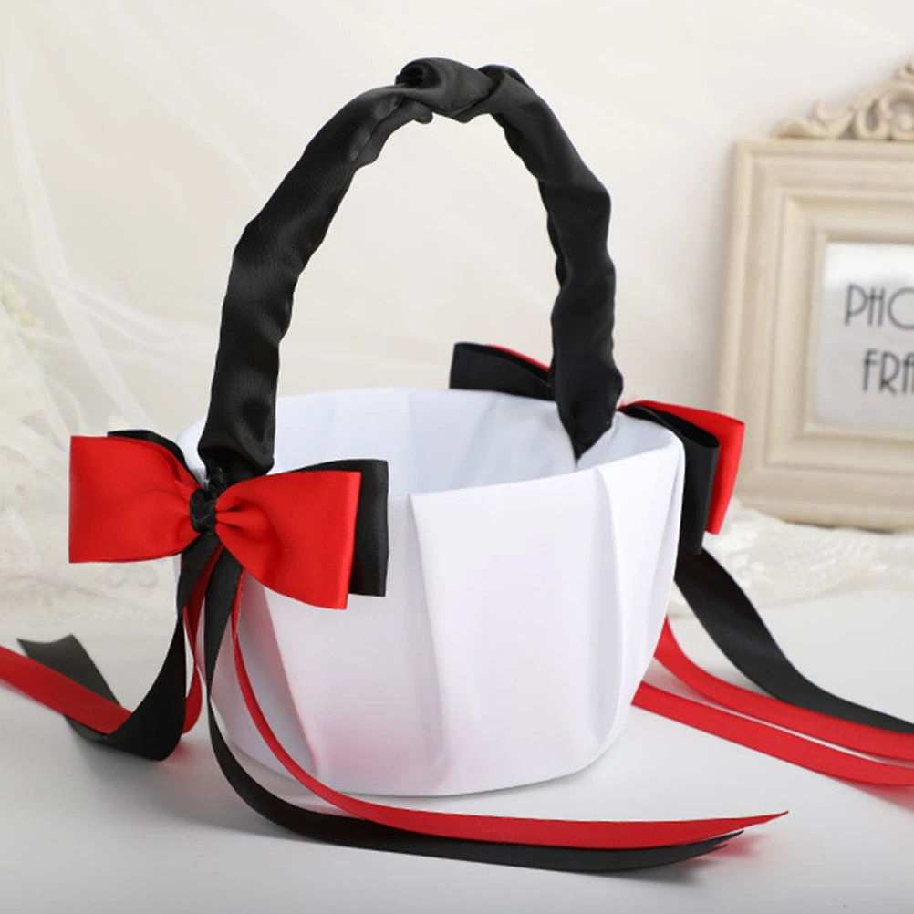 Black Ribbon Flower Basket Bowknot Basket Elegant Flower Girl Basket Portable Wedding Ceremony Supplies