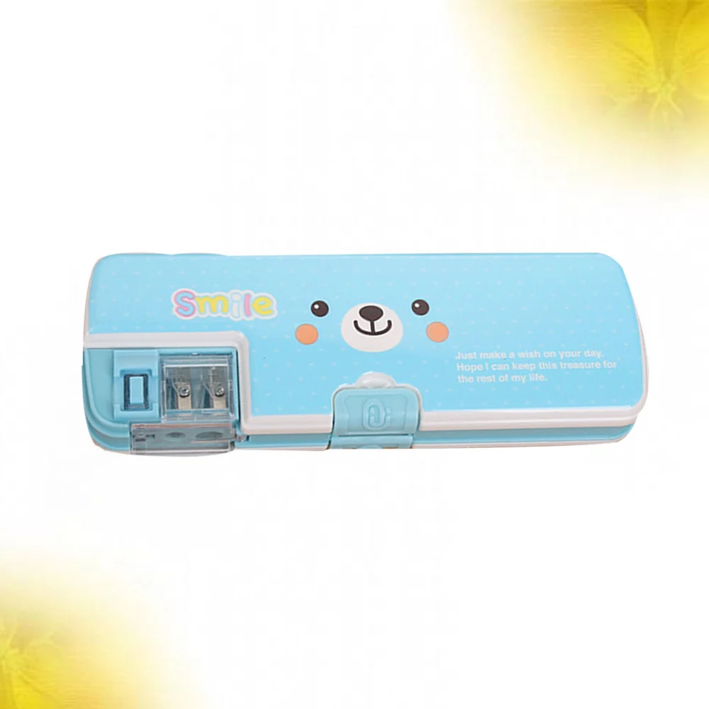 1PC Creative Simple Pencil Case Pencil Box with Pencil Sharpener Two Sides Plastic Emoticon Pattern Pen Box for School Office Blue