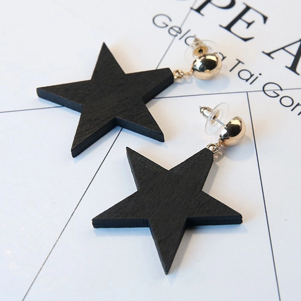 2pcs/pair Women Simple Wood Stars Shape Earrings Ear Studs Decoration (Black)