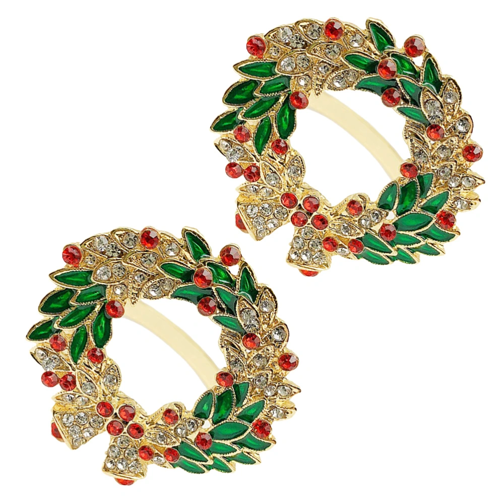 2Pcs Christmas Napkin Clasps Wreath Shaped Napkin Buckles Napkin Rings (Golden)