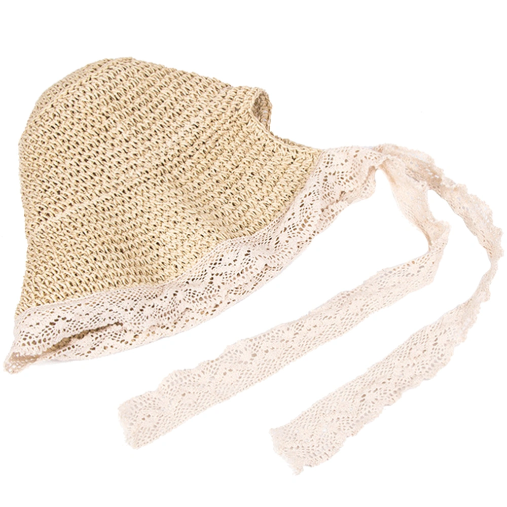 Foldable Straw Hat Sun Protection Hat Wide Brimmed Visor Summer Woven Fashion Lace Hat for Woman Girl (Beige)