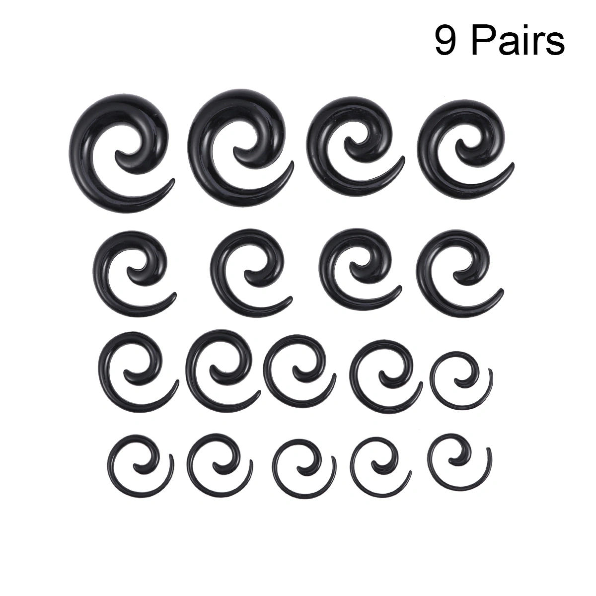 9 Pairs of Acrylic Spiral Taper Tunnel Ear Stretcher Expander Plugs (Black)