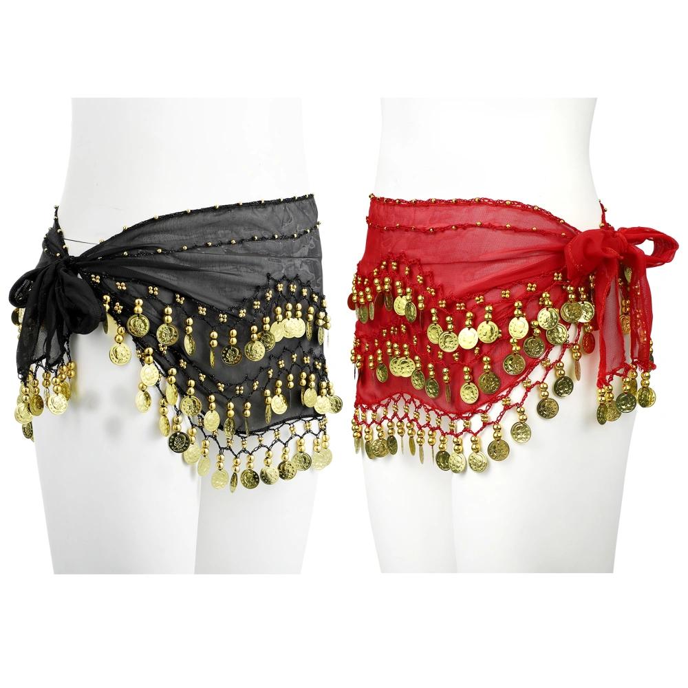 2Pcs Belly Dance Hip Scarf with Dangling Coins Belly Dance Performance Hip Skirt Waist Wrap Skirt