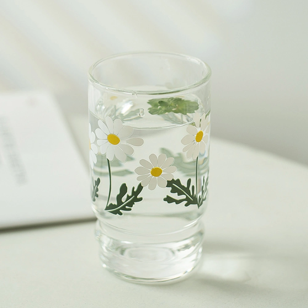 1Pc Glass Medium Cup Heat-proof Milk Cup Coffee Cup Juice Cup Small Daisy Pattern Design Cup(White)