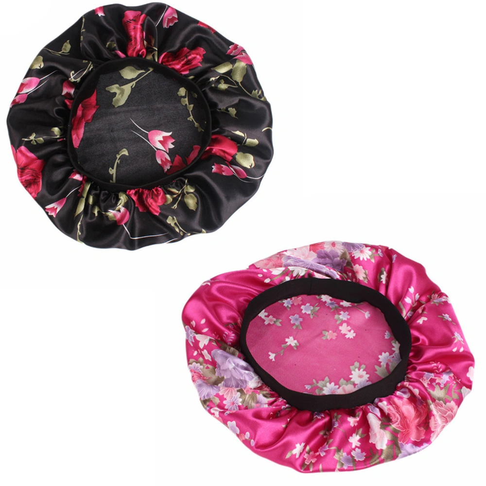 2pcs Floral Nightcap Wide Side Satin Sleeping Hair Loss Caps Chemotherapy Hats Beanie with Elastic Band for Women and Girls (Black Flower Pattern + Rosy Flower Pattern)