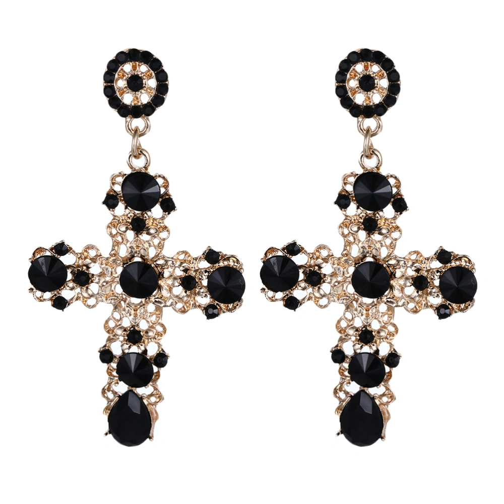 Vintage Crystal Cross Drop Earrings for Women Baroque Bohemian Large Long Earrings Jewelry(Black)