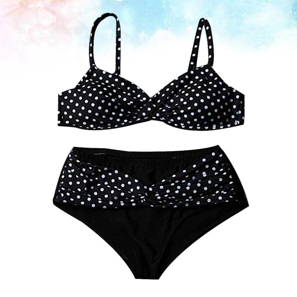 1 Set Two-piece Swimming Suit Bikini Sexy Dots Printed Swimwear Swimsuits Bathing Suits for Women (L Black)