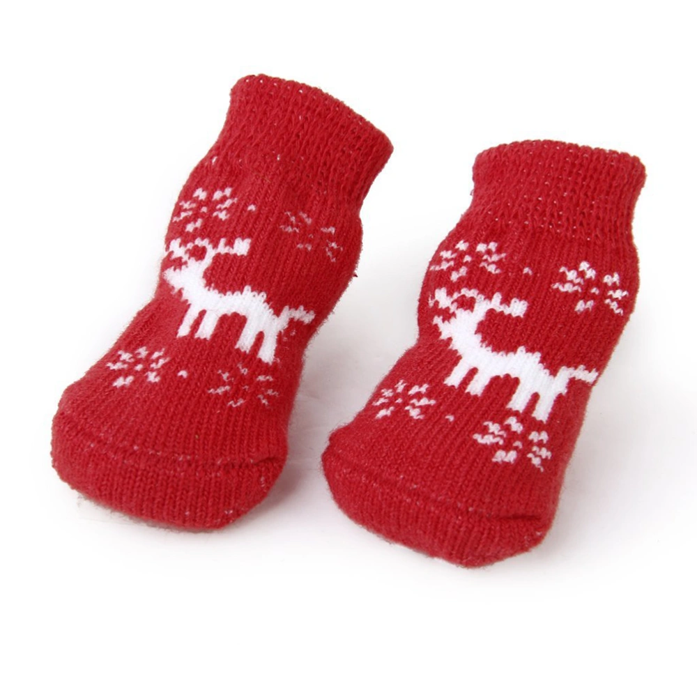 4pcs Christmas Reindeer Style Dog Puppy Cat Non-Slip Socks with - Size S (Red)