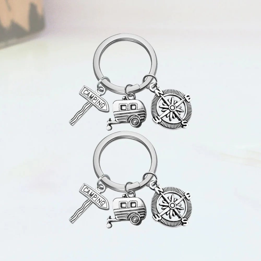 2pcs Compass and Sign Design Keyring Souvenir Key Holder Camping Theme Keychains Pendant Camper Gift Key Rings Craft Ornaments