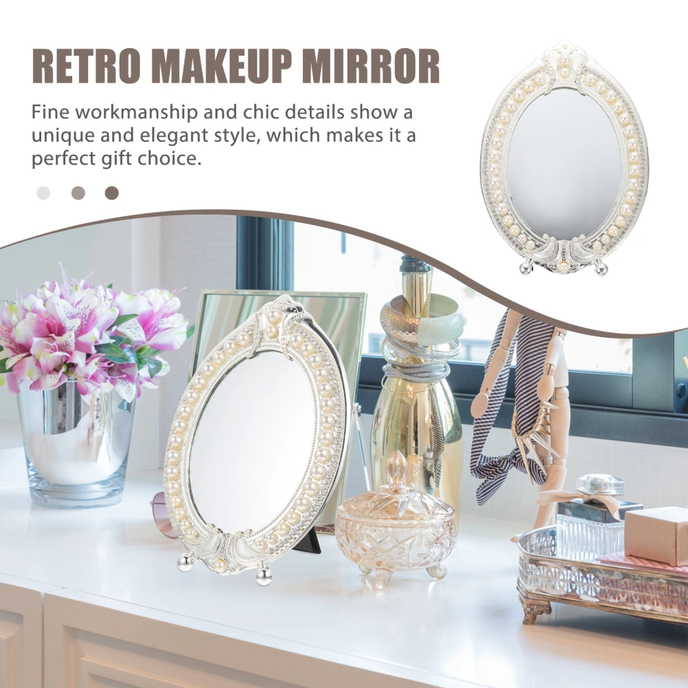 Vintage Makeup Mirror Desktop Vanity Mirror Dresser Pearl Decor Makeup Mirror