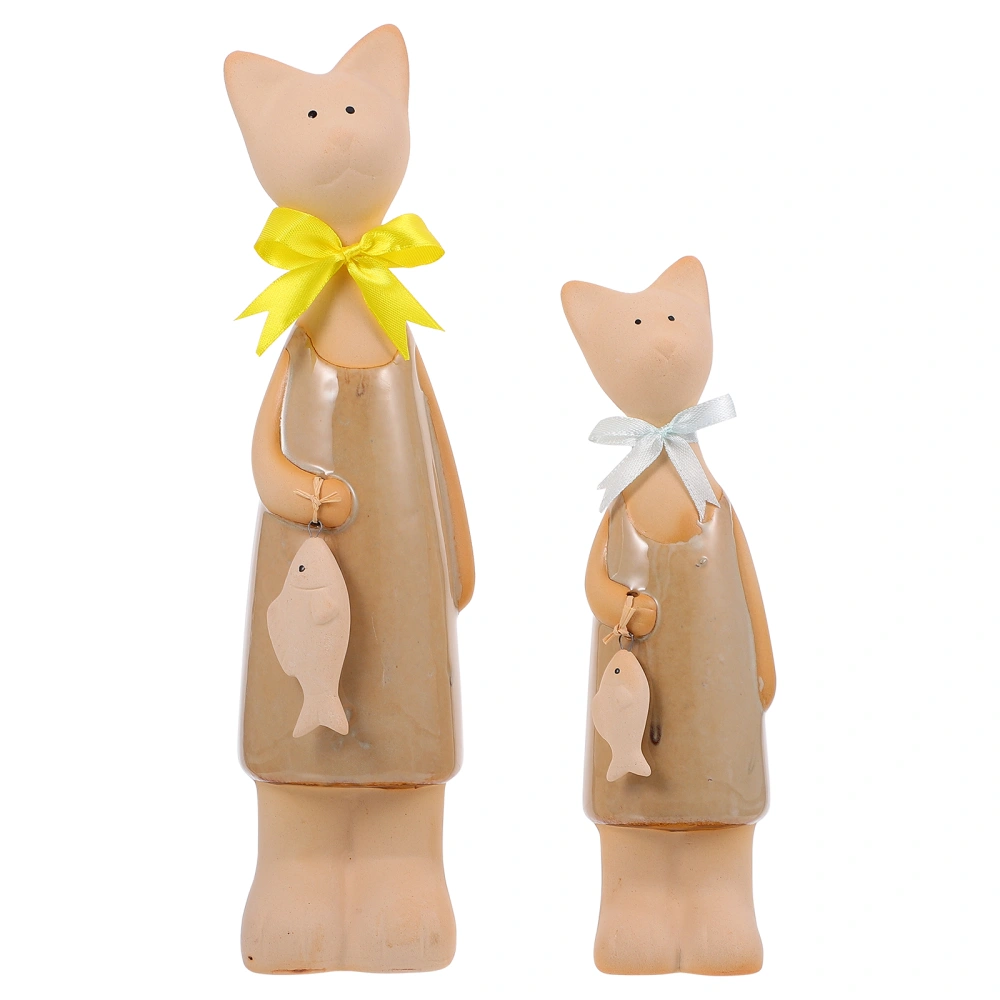 2pcs Ceramic Cat Figurine Creative Cat Craft Statue Home Desktop Ornament(Khaki)