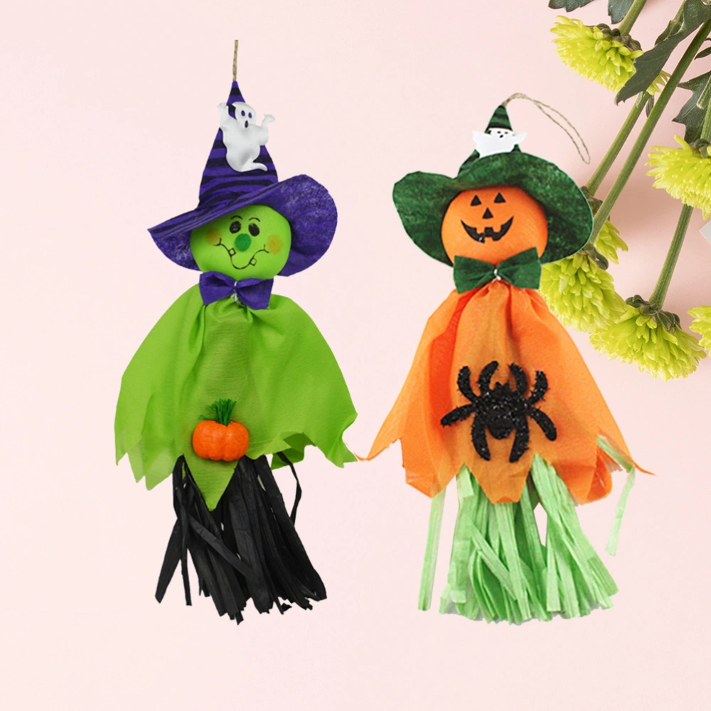 2 Pcs Halloween Party Decoration Horror Ghost Kids Trick Hanging Decor Witches Pendant Props (Orange+Green