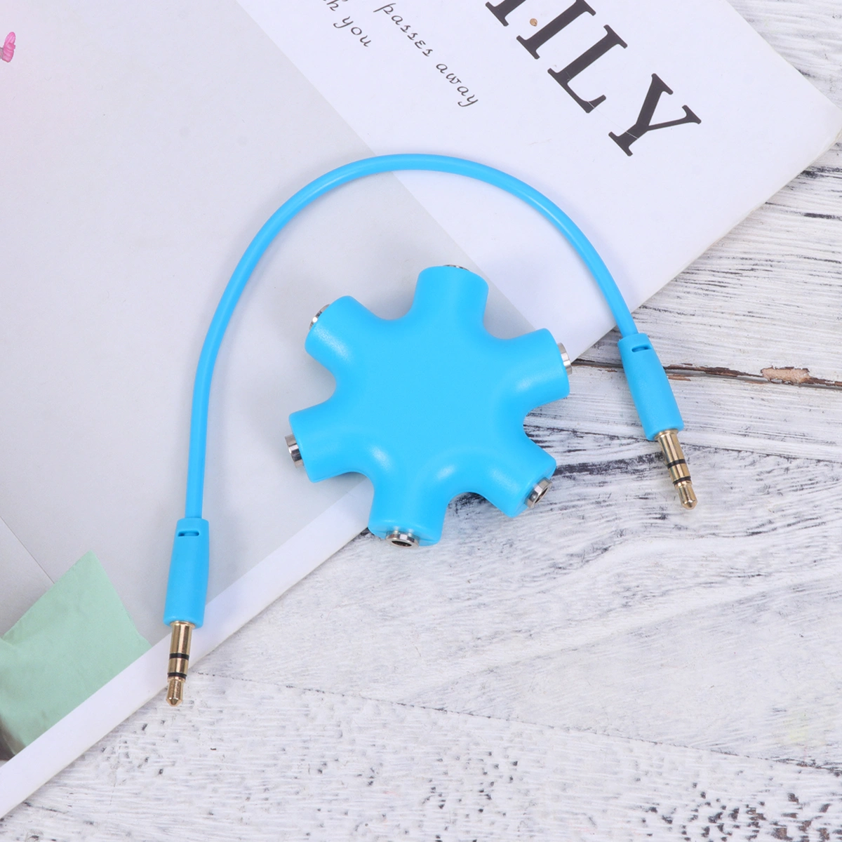 Hexangular Headphone Jack Splitter 5 Way 6 Port Female Audio Connector Adapter for Phone Music Player PC (Blue)