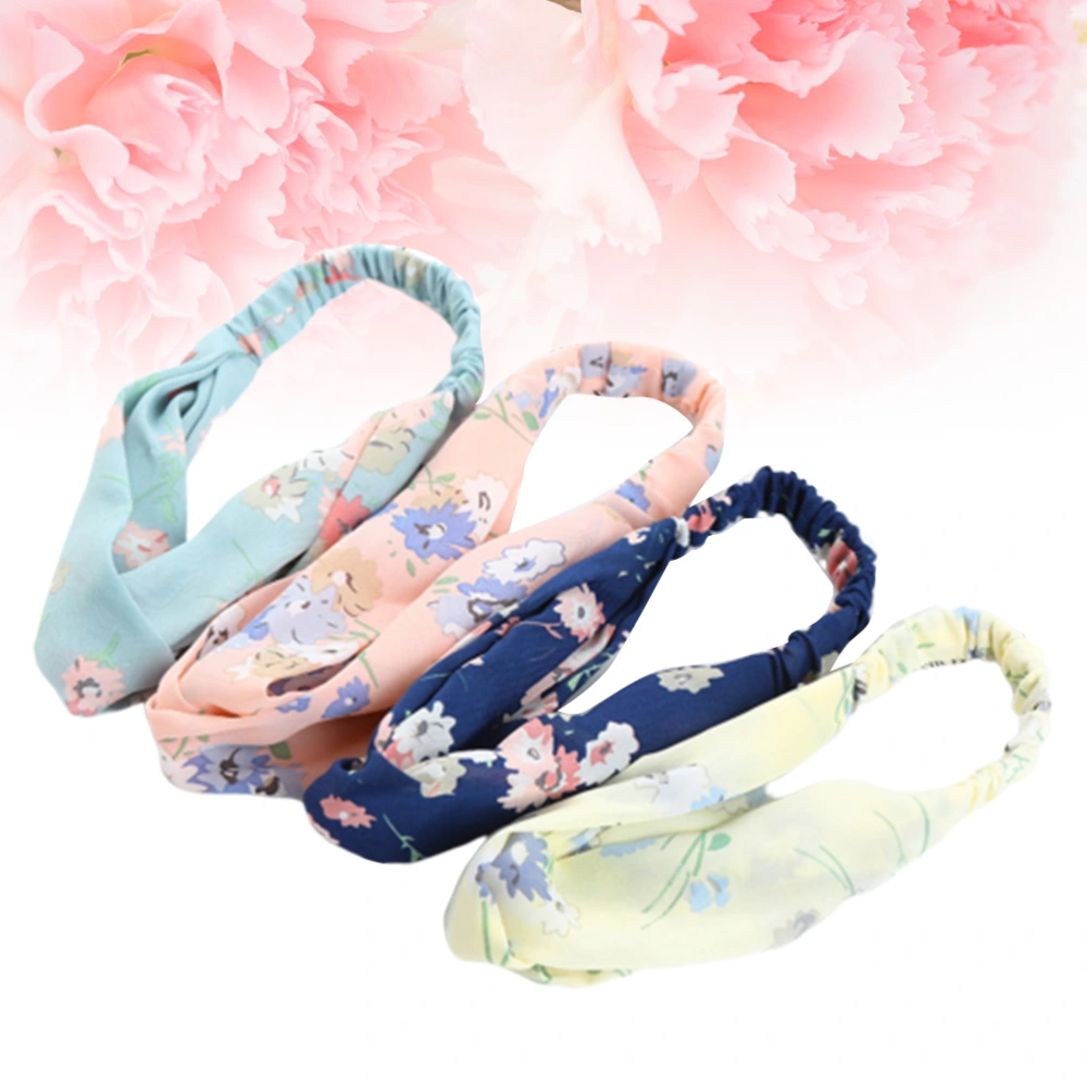 4pcs Printed Crossed Headband Chiffon Sports Yoga Shower Makeup Elastic Hair Band Headwear (Blue, Pink, Navy Blue, Beige for Each 1pc)