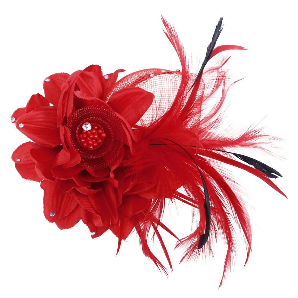 1pc Handmade Fabrics Brooch Flower Feather Headband Headdress Hairpins for Lady Women Grils (Red)