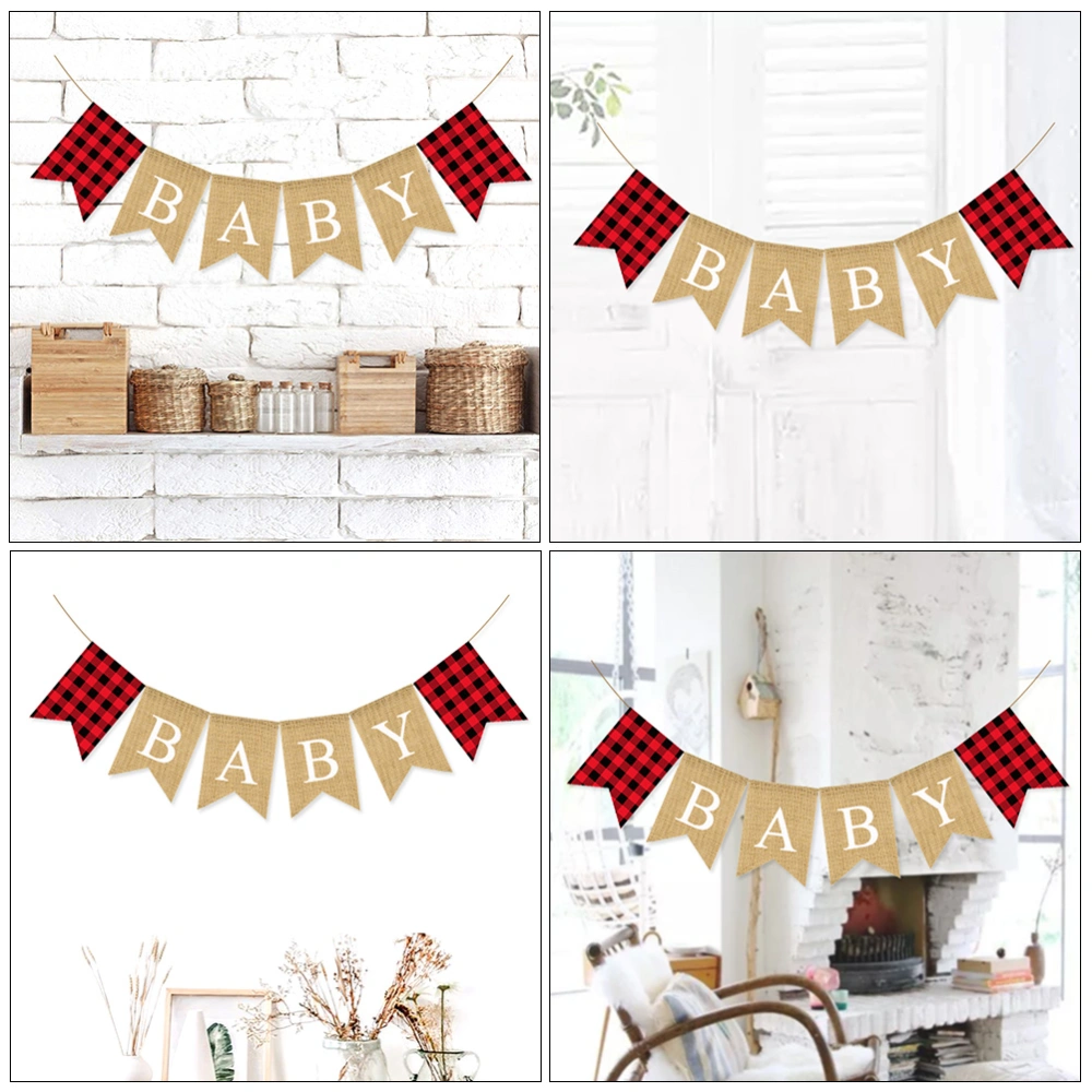 1 Pc Red Black Blaid Baby Swallowtail Banner Birthday Linen Party Bunting (Assorted Color)