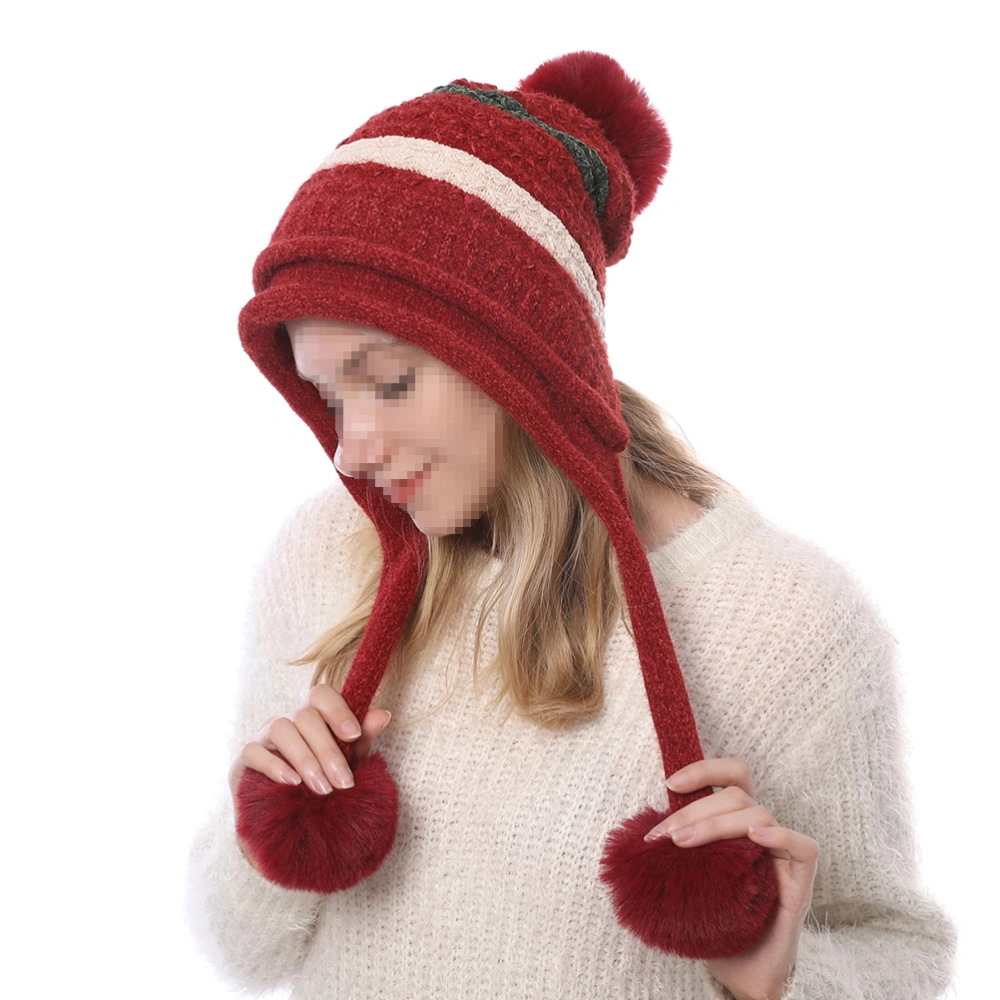 Women Wool Knitted Hat Headgear Warm Ski Hat Hair Ball Decor Wool for Winter Adults Girls (Red)