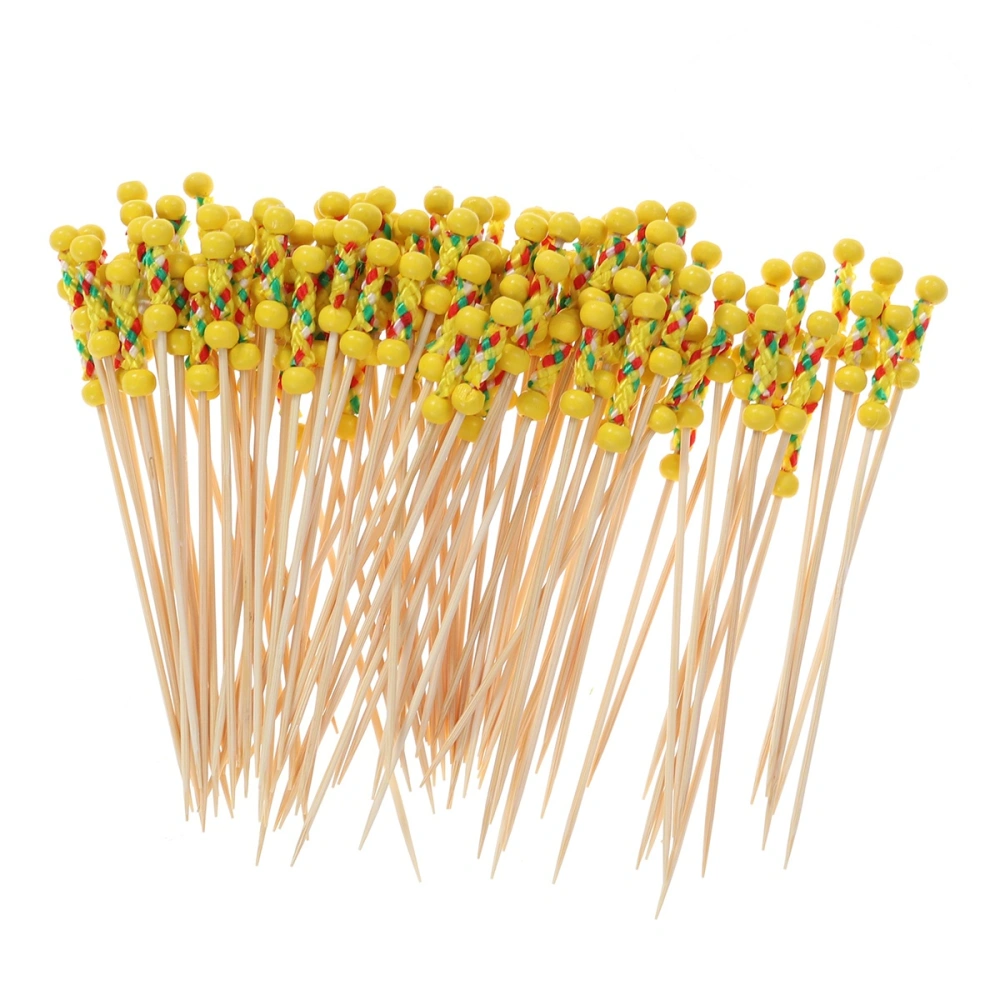 Food Picks Cocktail Fruit Appetizer Drink Picks Sticks Disposable Wood Toothpicks Party Supplies (About 100pcs, Double Yellow Beads)