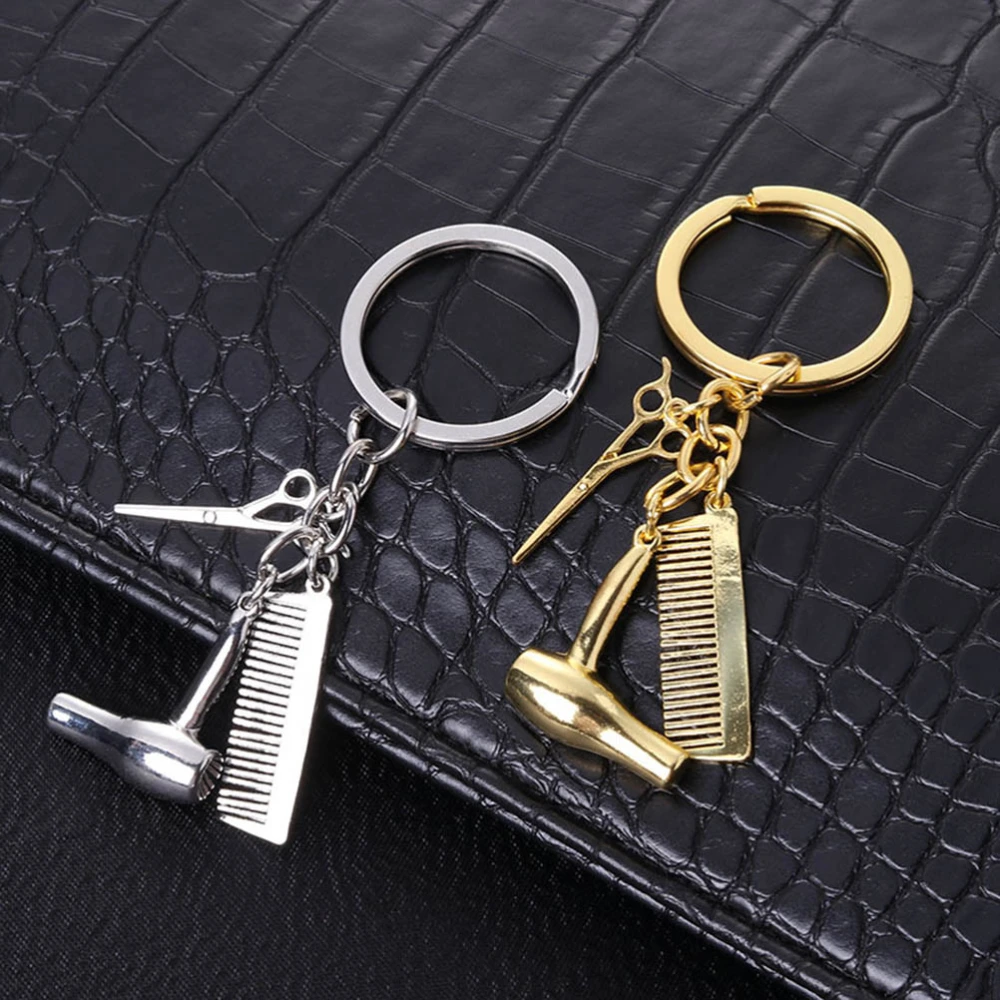 2PCS Hair Dryer Scissors Comb Keychain Car Keyring Purse Bag Pendant Decoration Hanging Keychain Accessory Creative Gift (Golden and Silver)