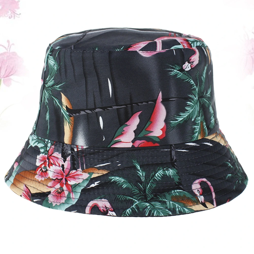 Exquisite Cotton Hat Flamingo Printing Bucket Hat Outdoor Sun Protection Double-sided Wear Fisherman Hat Dustproof (Black)