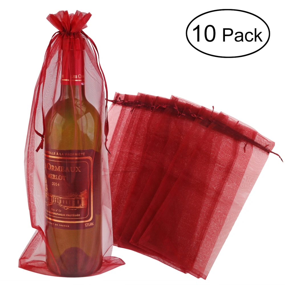 PIXNOR 10pcs Sheer Organza Wine Bottle Cover Wrap Gift Bags (Wine Red)