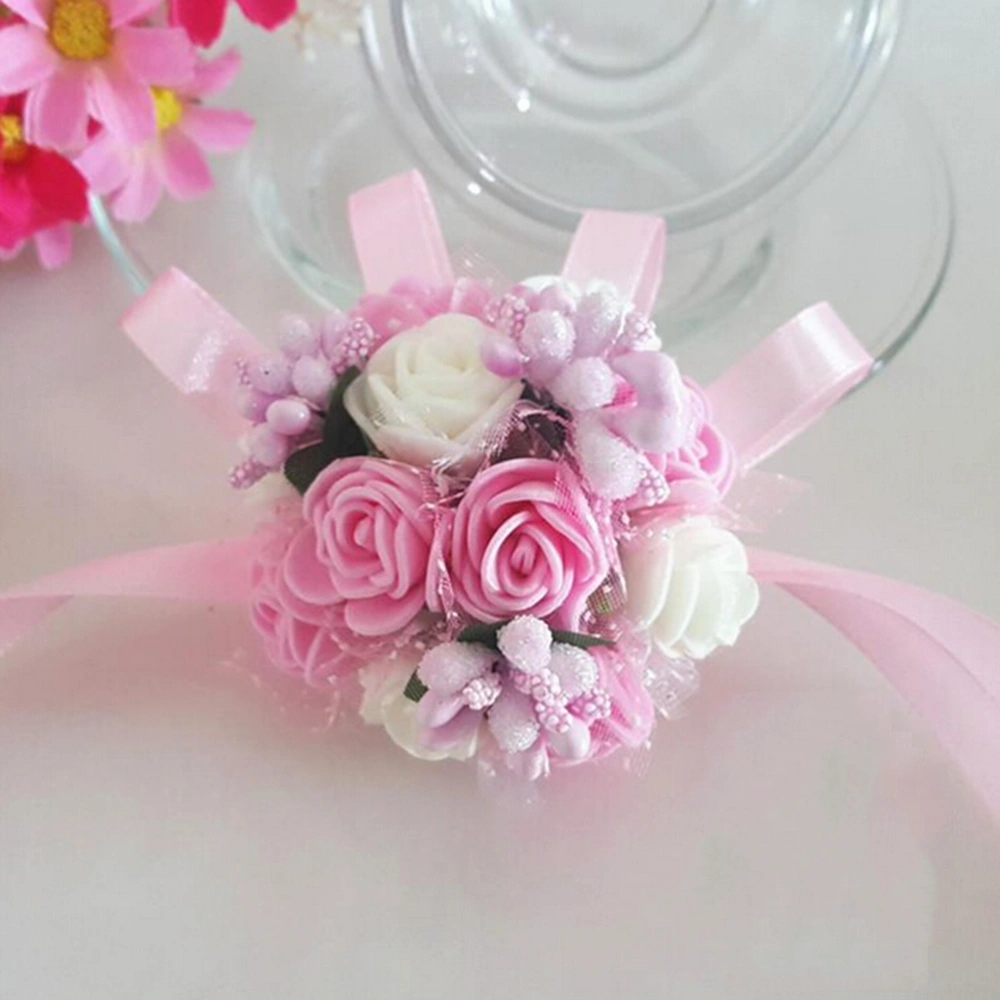 Wedding Bridal Bridesmaid Wrist Flower Pearl Bracelet Hand Flower (Pink & White)