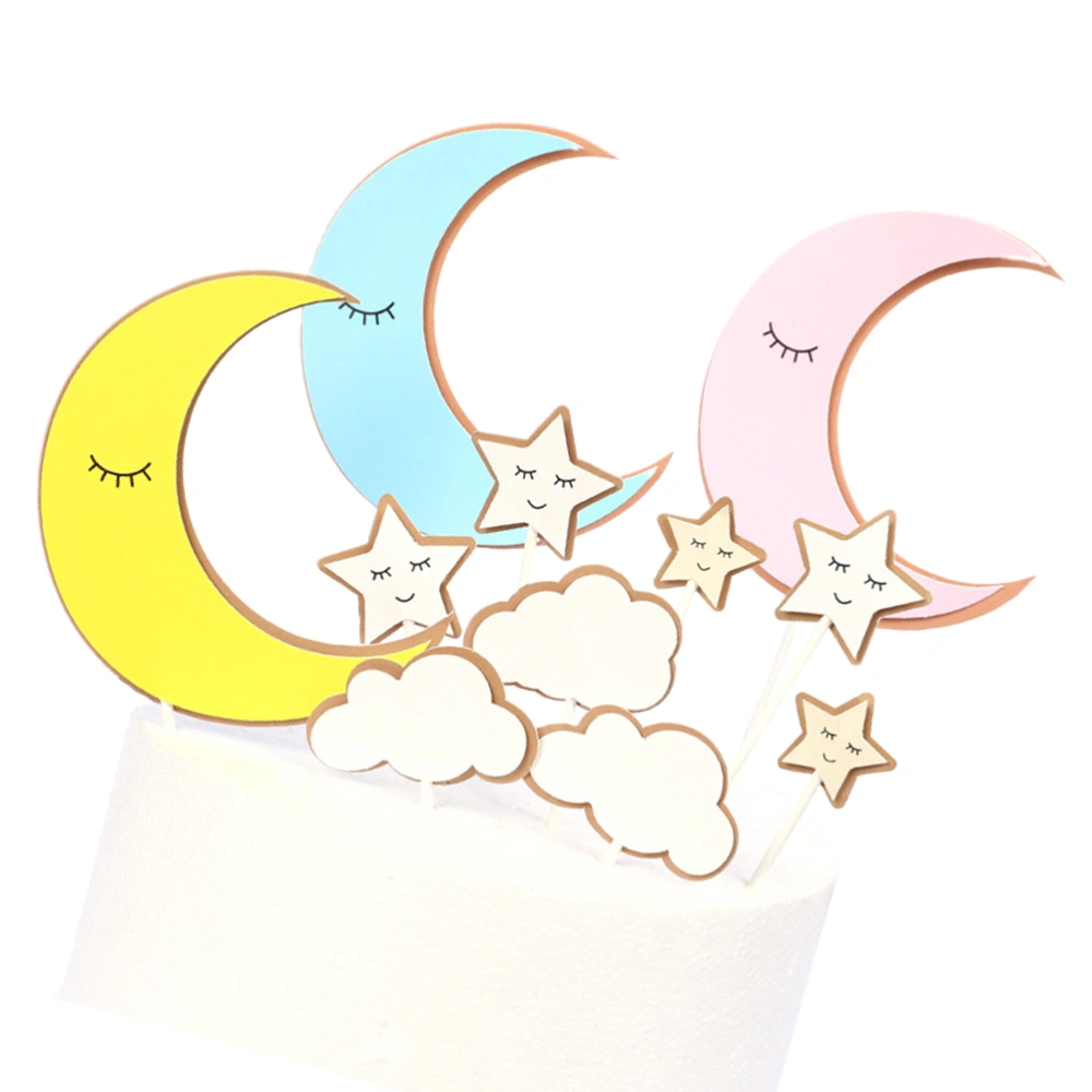 3 Sets Baking Cake Topper Cake Picks Moon Star Cloud Shape for Wedding Party Birthday (Blue, Yellow and Pink for Each 1 Set)