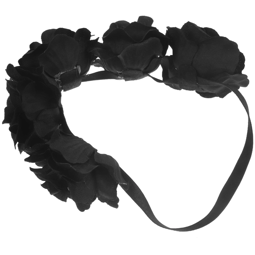 Rose Flower Headband Adjustable Floral Wreath Garland for Parties Festivals(Black)