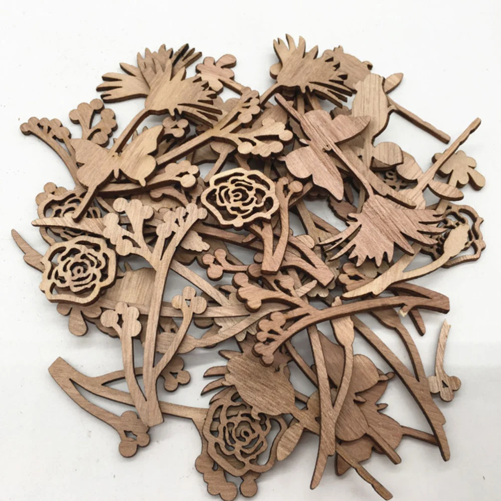 30pcs Sycamore Wood Chip Rose Floral Shape Wooden Slices Craft Ornament Decoration Wooden Hollow Out DIY Accessories Without Hole(Assorted Pattern)