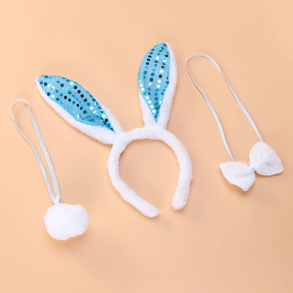 3pcs Rabbit Ear Tail Tie Set Performance Headband Decor for Girl Kid Child (Blue)