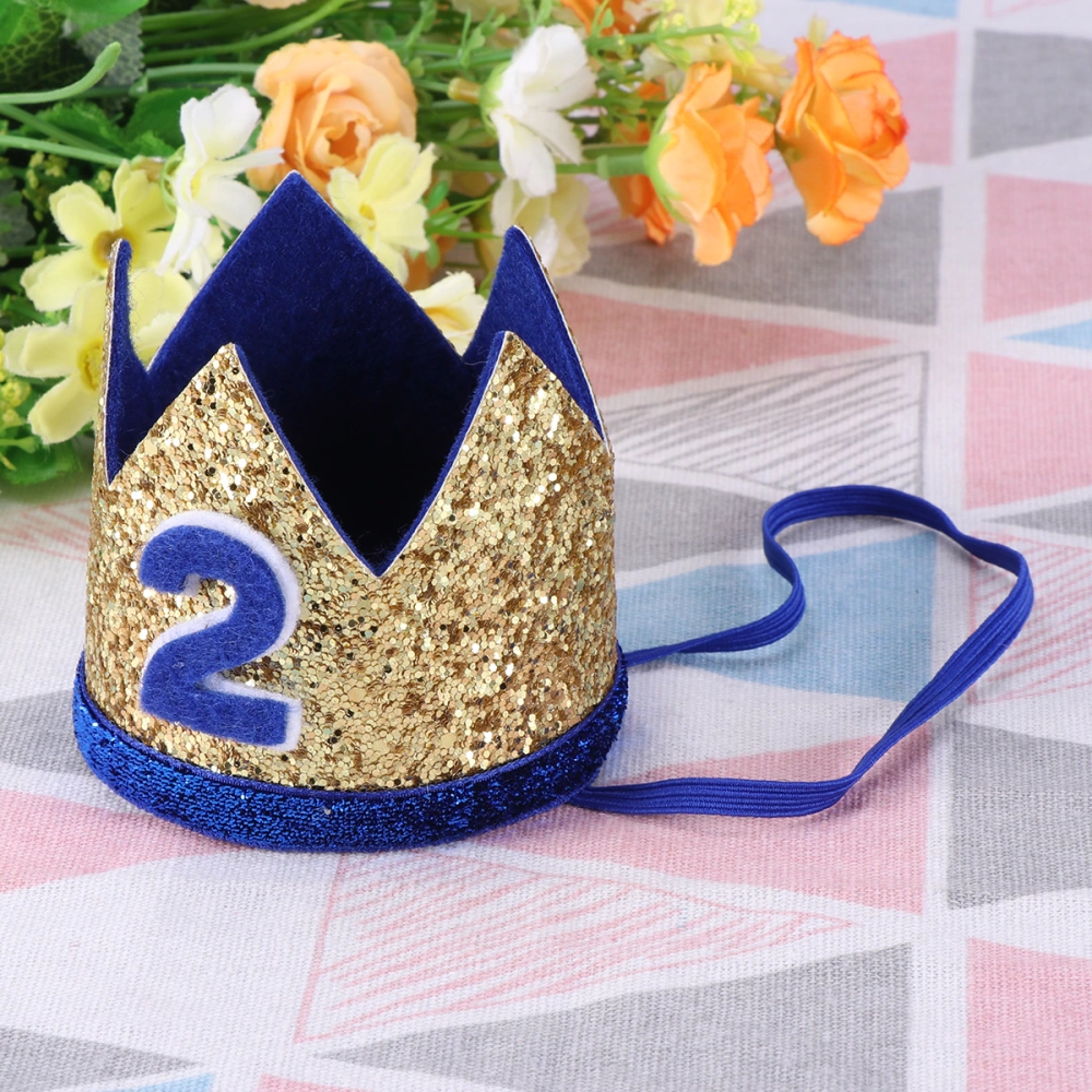 Baby Kids Headband Glitter Crown Hair Band Headwear for Birthday Party (2) - Royal Blue and Gold