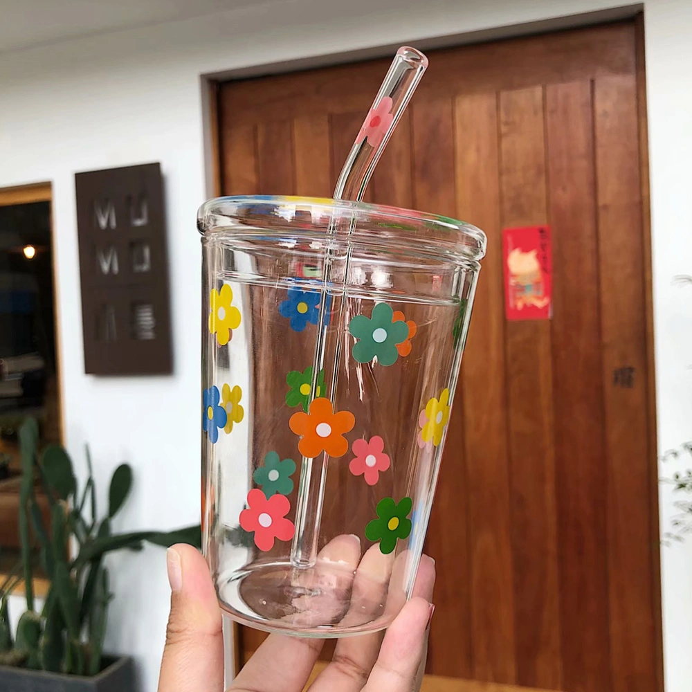 1pc Straw Cups Flower Patter Water Cup Glass Cups Beverage Cup Drinking Cup