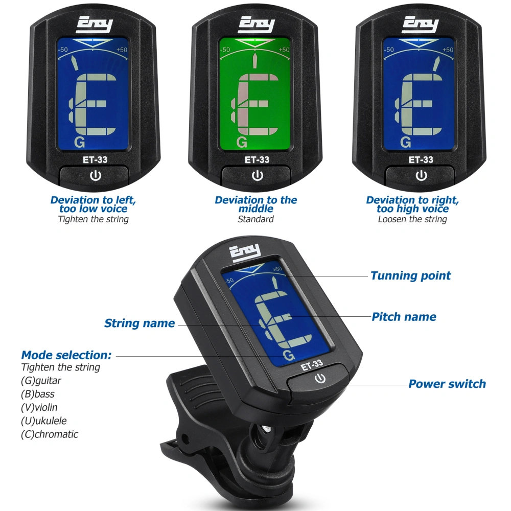 TINKSKY ENO ET-33 Mini Clip-on Digital LCD Chromatic Guitar Bass Violin Ukulele Chromatic Tuner (Black)