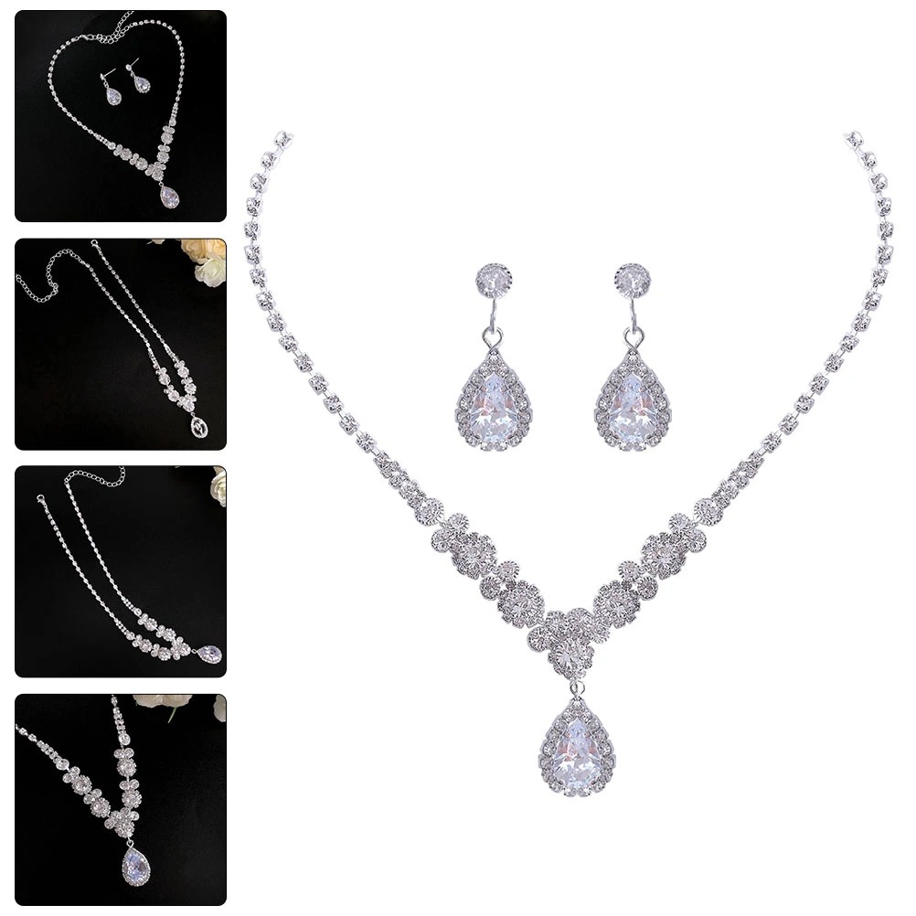3Pcs Fashion Wedding Zircon Earring Necklace for Bridal Party Bride Bridesmaid