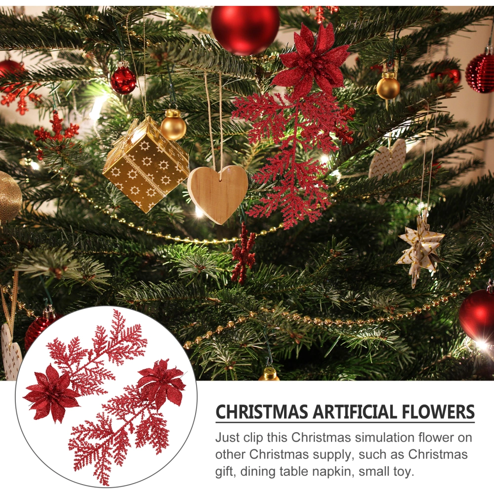 6pcs Glitter Artificial Flower Christmas Tree Flower Pine Branches with Clip