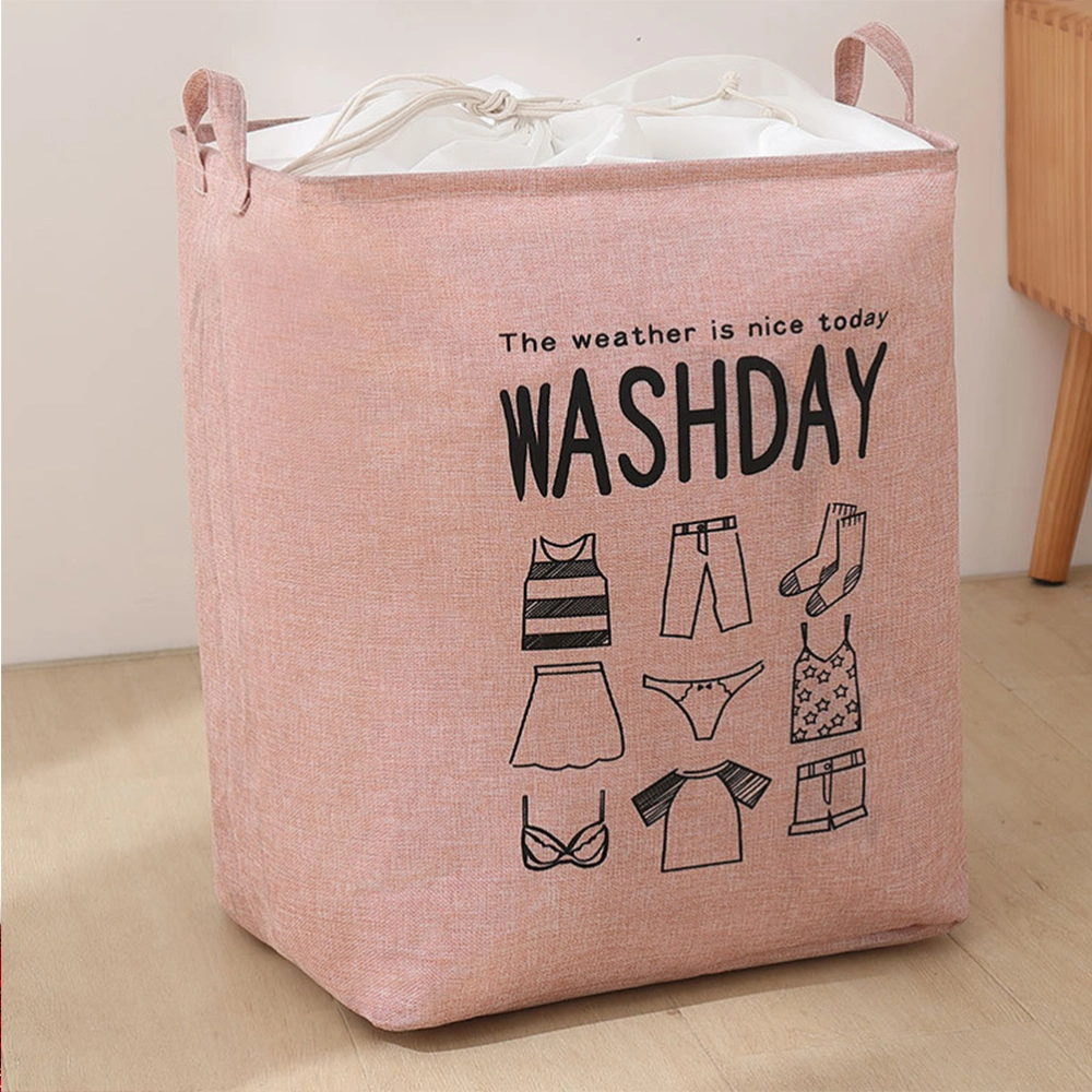 1pc 75L Laundry Basket Large Foldable Cotton Linen Clothes Drawstring Storage Basket with Rope Handle (Pink)