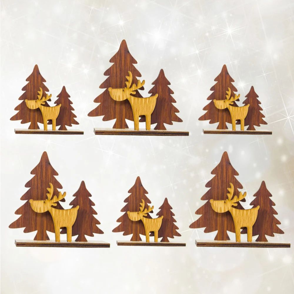 6pcs Wooden Matching Articles Desktop Christmas Tree and Elk Decor Home Craft (3pcs Large Matching Elk, 3pcs Small Matching Elk)