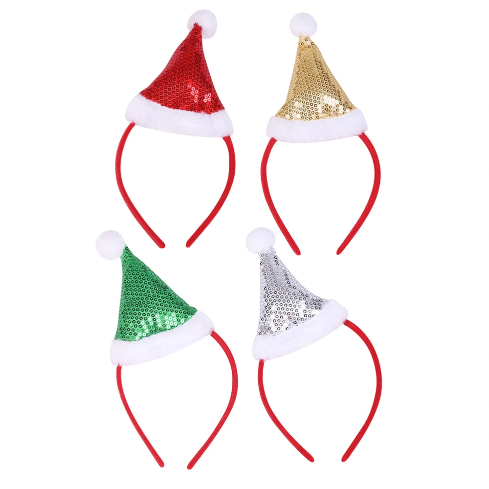 4pcs Adorable Christmas Design Headband Glitter Sequin Hair Bands Christmas Hat Hair Hoops Headdress Party Favors Supplies Decorations(Silver, Green, Red and Gold, 1pc for Each Color)