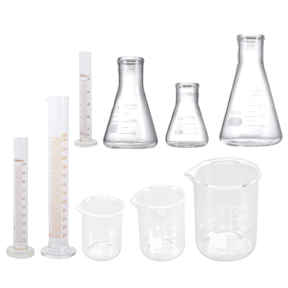 9pcs Laboratory Supplies (Glass Beaker Measuring Cylinder and Conical Bottle)