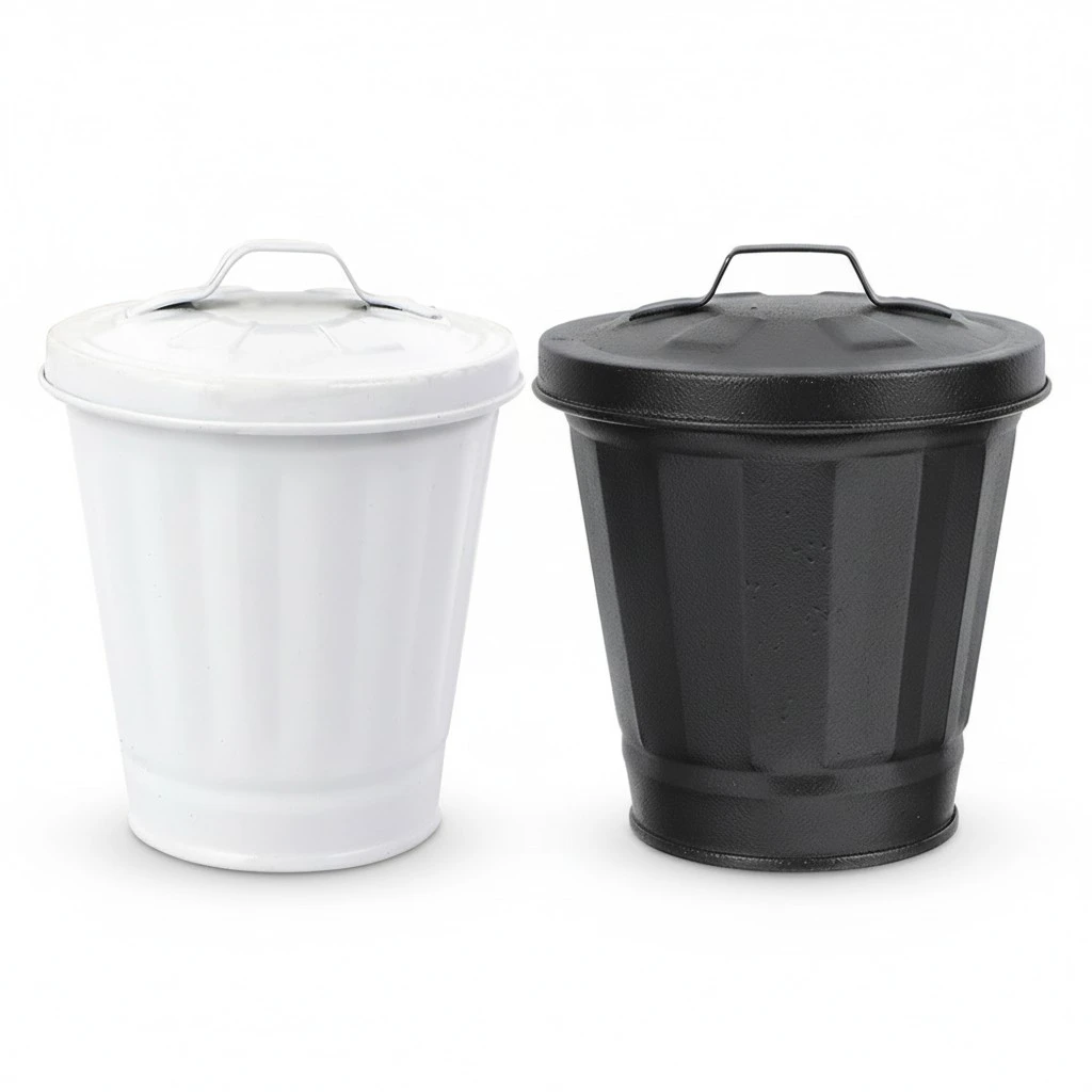 2Pcs Mini Trash Cans Iron Garbage Can Metal Desktop Wastebasket Garbage Bin Flower Pot
