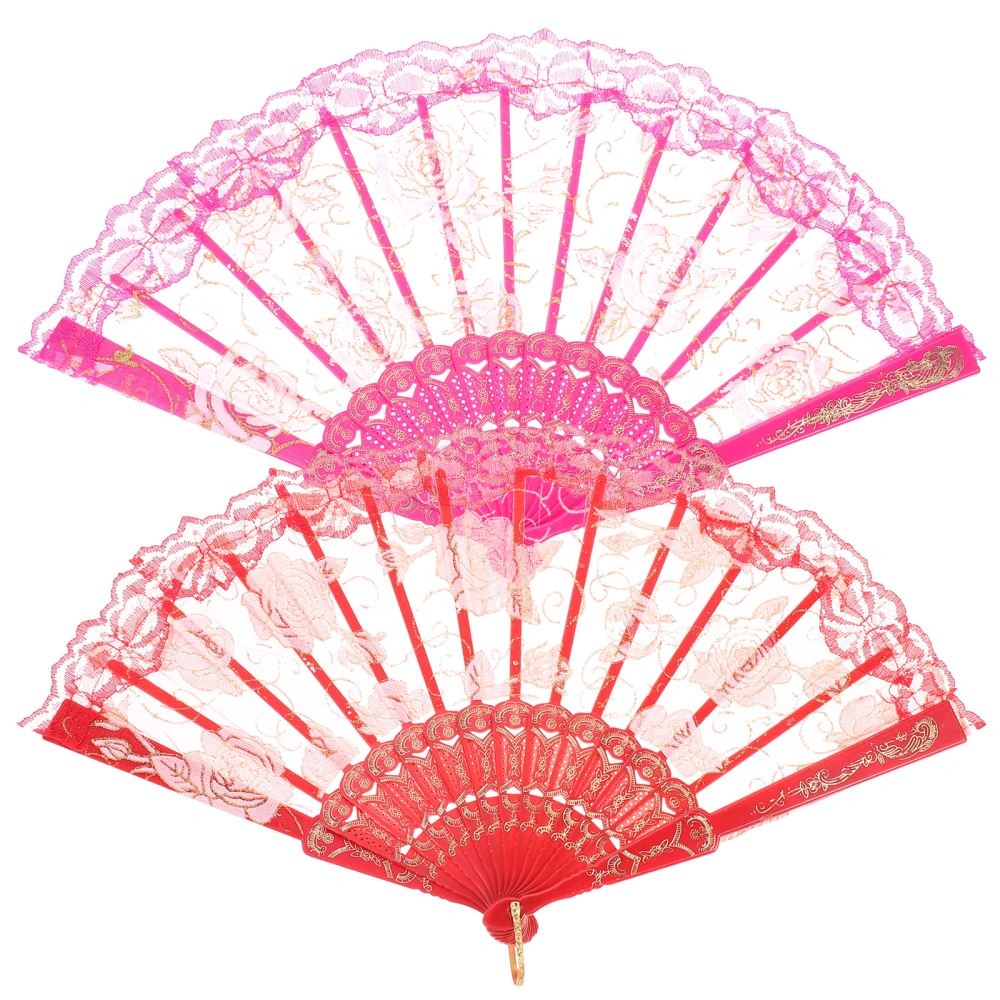 2pcs Pretty Lace Folding Fan Handheld Fan Folding Rose Fan Lace Dancing Fan