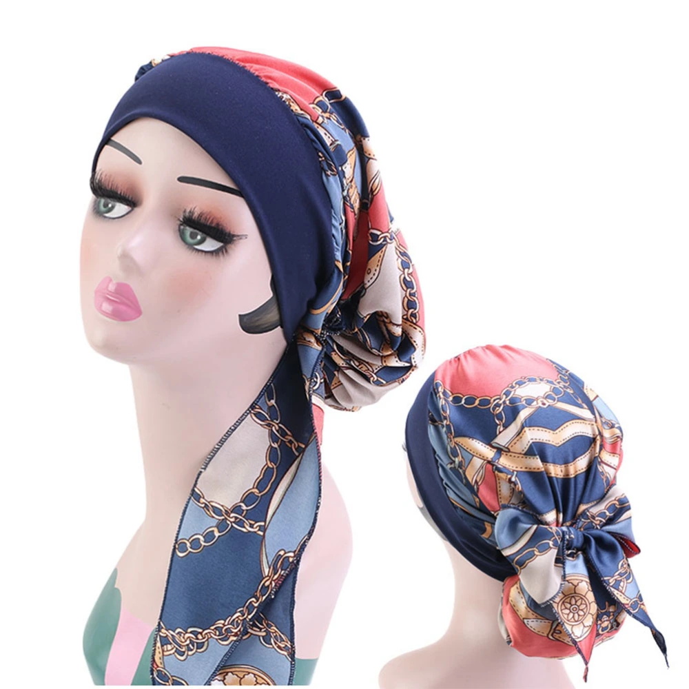 Printed Turban Fashion Turban Hat Elastic Headband Creative Headwrap Navy (Chain Pattern)