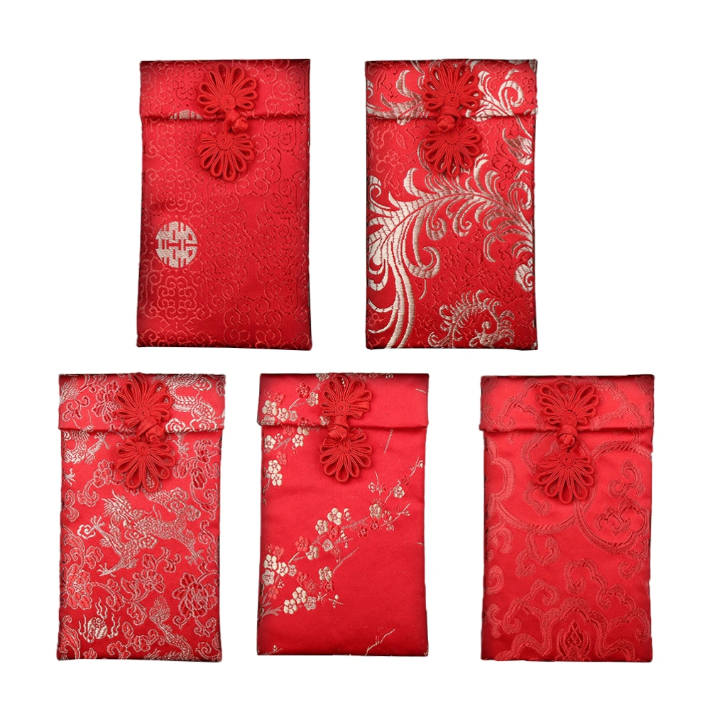 5pcs Chinese Style Money Bag Celebrative Red Envelopes Satin Money Envelopes Red Packets for New Year Wedding (Random Style)