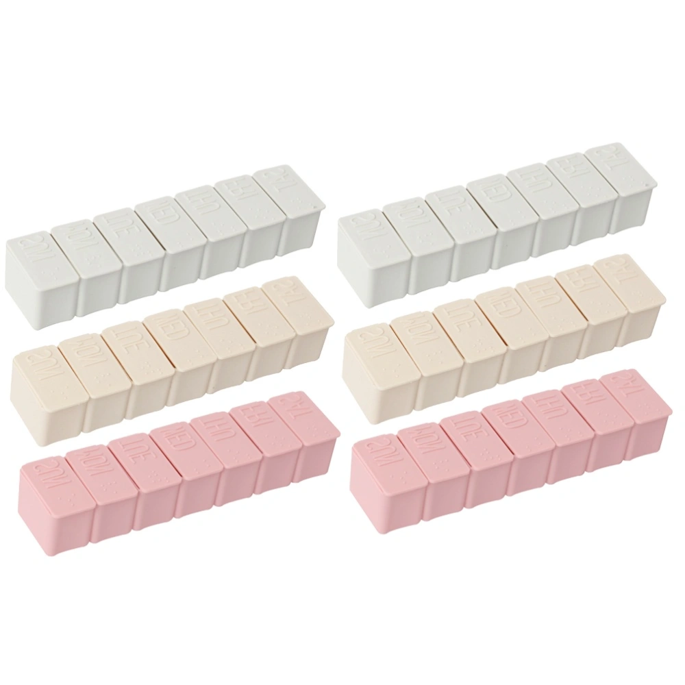 6 Pcs 7 Compartment Mini Pill Storage Box Portable Medicine Storage Container Pill Case Creative Organizer with Braille (Off-white + Pink +Apricot)