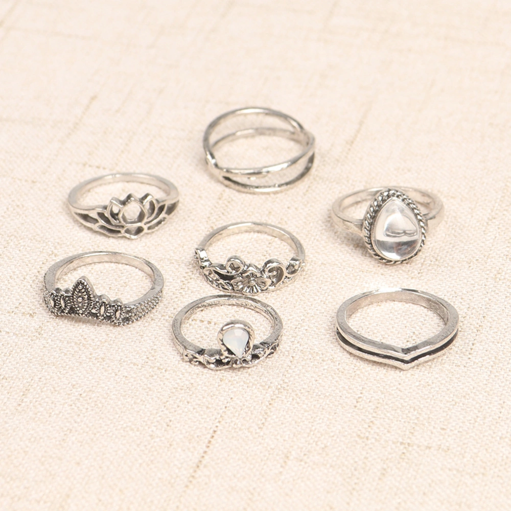 7PCS Vintage Ring Set Hollow-out Carving Ring Engagement Couple Ring Fashion Jewelry for Women and Girls (Ancient Silver)