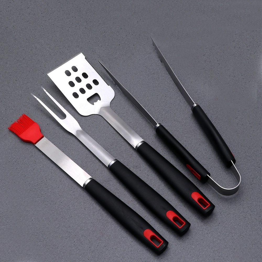 4pcs in 1 Set Outdoor BBQ Stainless Steel Barbecue Tool Barbecue Fork Shovel Clip Brush Combination (Black)