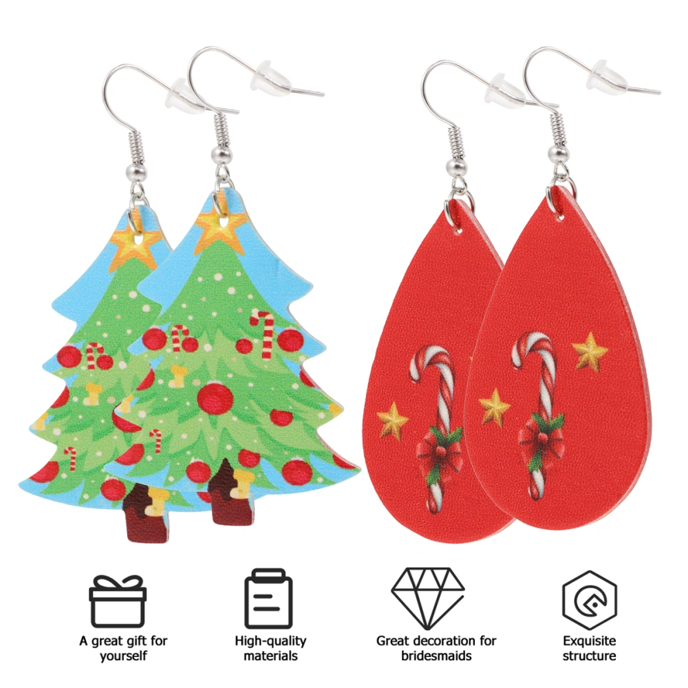 2 Pairs Woman's Teardrop Shape Earrings PU  Christmas Drop Earrings