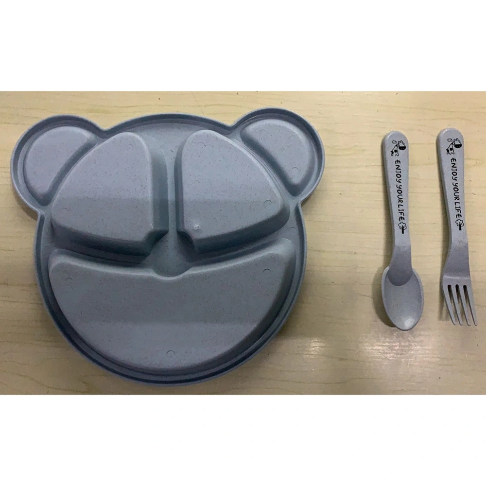 3pcs/Set Wheat Straw Devided Food Plate Bear Shape Dining Tray with Spoon and Fork Feeding Bowl for Children Kids (Blue)