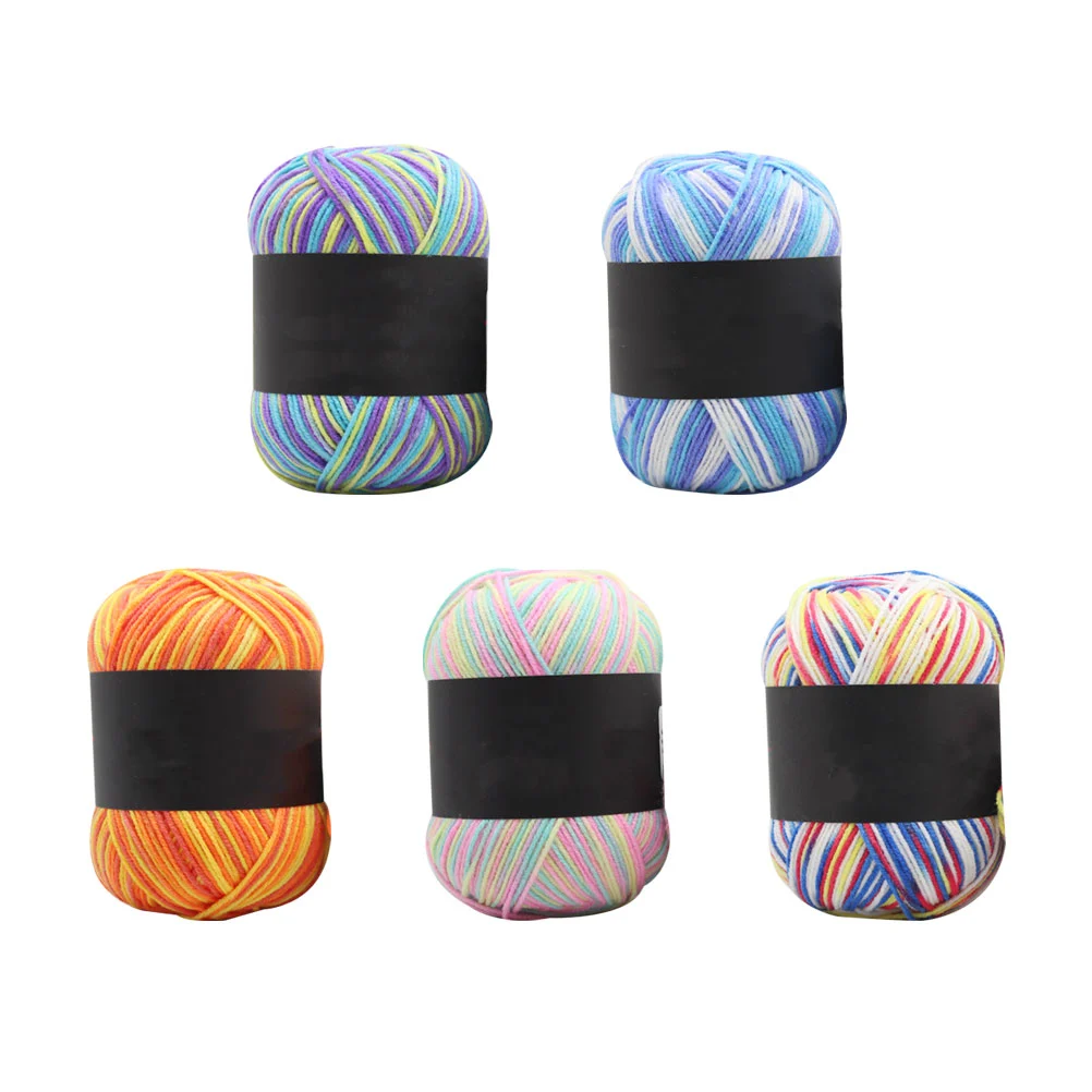 5 Rolls of Multicolor Gradient Cotton Yarn Crochet Thread Knitting Three-ply Wool Yarn (Yellow Green Pink Orange Yellow Blue Purple Blue White Colorful)