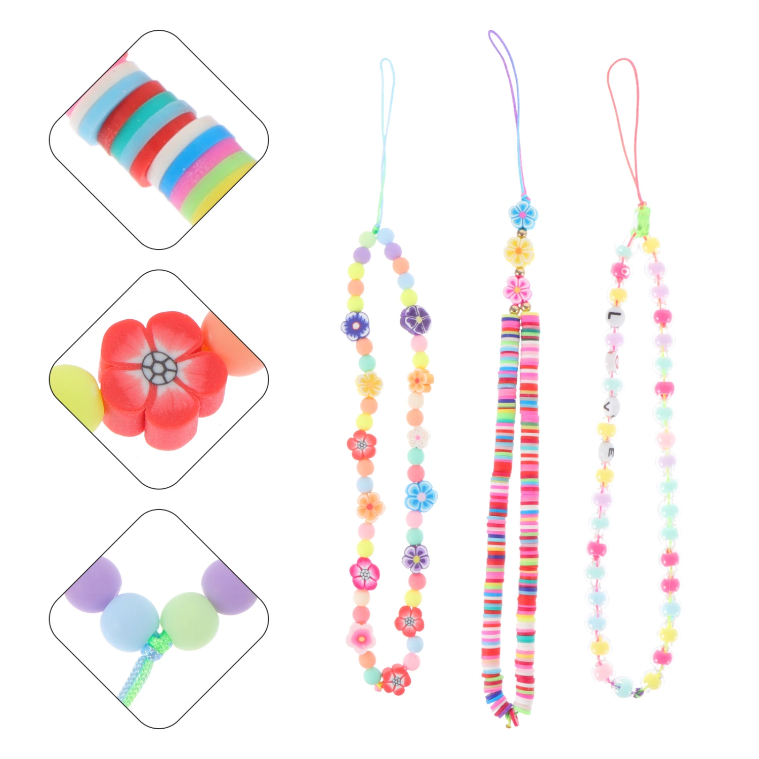 3Pcs Phone Lanyard with Bead Charms Portable Camera Hanging Rope Phone Chains